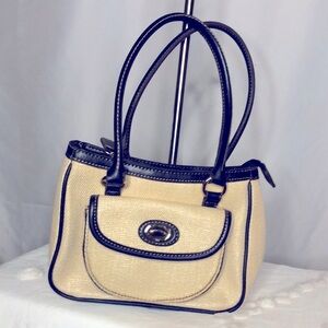 ETIENNE AIGNER 100% natural straw and navy blue trim mini bag.